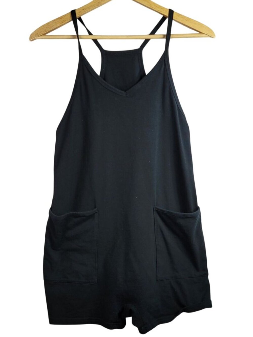 Girls Sleeveless Romper Black Size 150 10-12 Strap Racerback Pockets Loose Fit